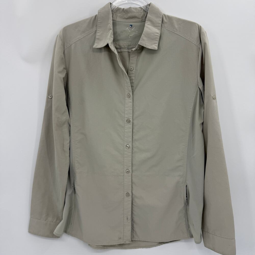 KUHL Invoke Long Sleeve Button Up Shirt Women Size L Tan Zip Pockets Nylon